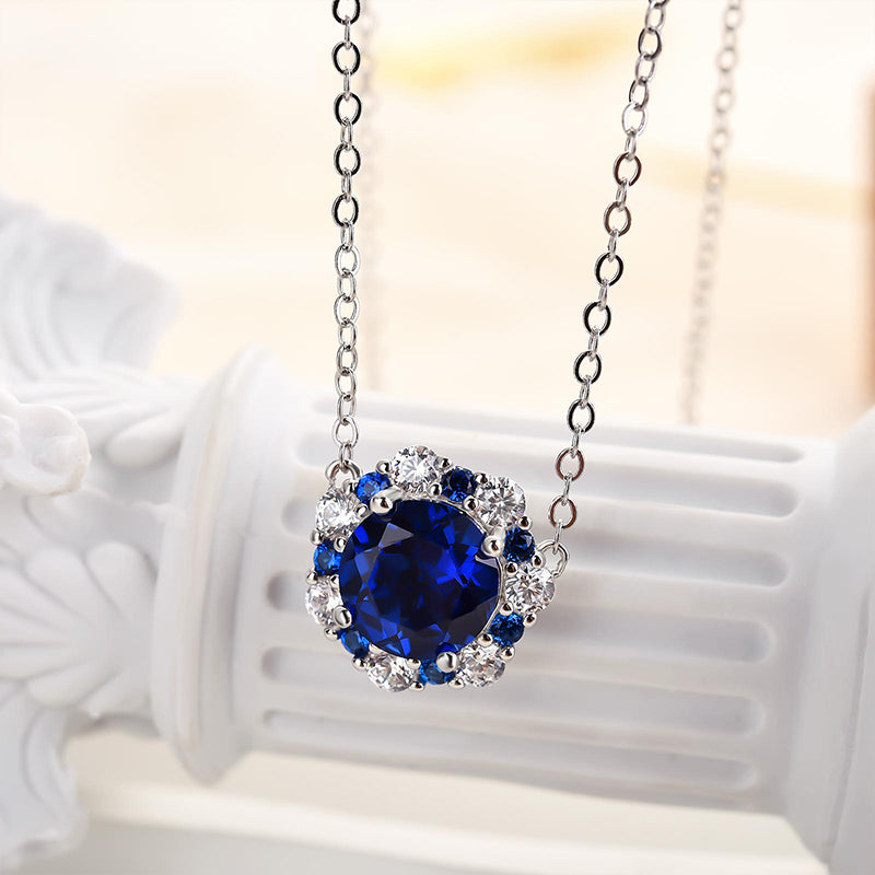 Elegant Blue Sapphire Simulated Diamond Necklace in 18K White Gold