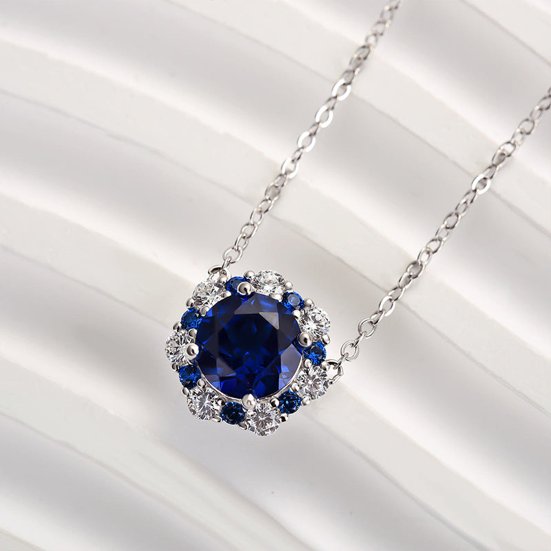 Elegant Blue Sapphire Simulated Diamond Necklace in 18K White Gold