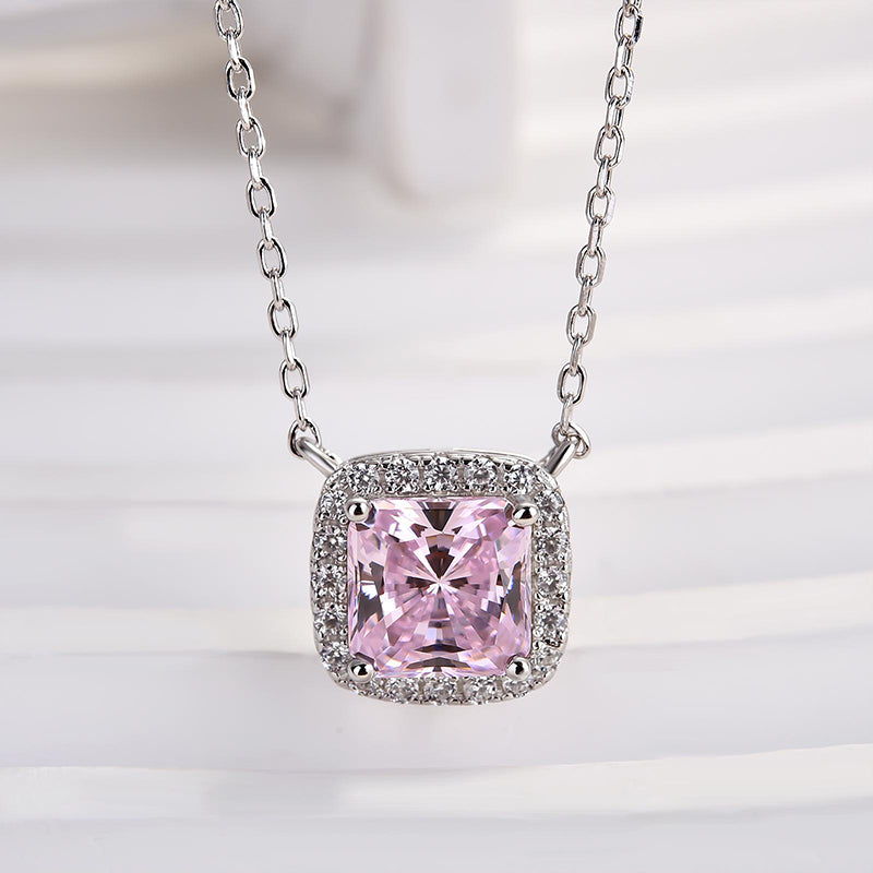 Elegant Pink Cushion Cut Simulated Diamond Necklace