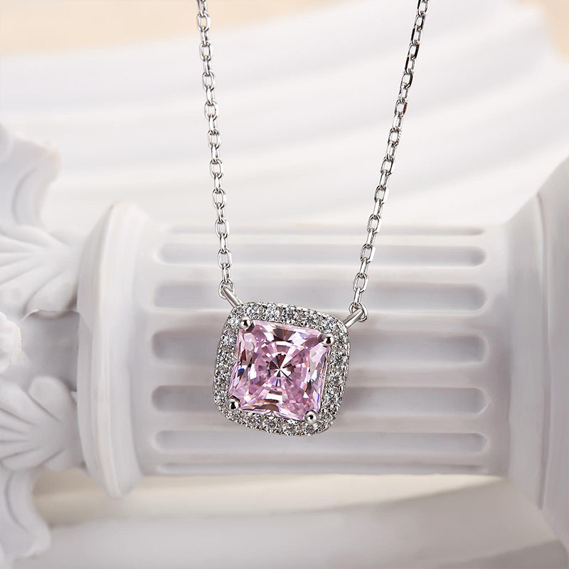 Elegant Pink Cushion Cut Simulated Diamond Necklace