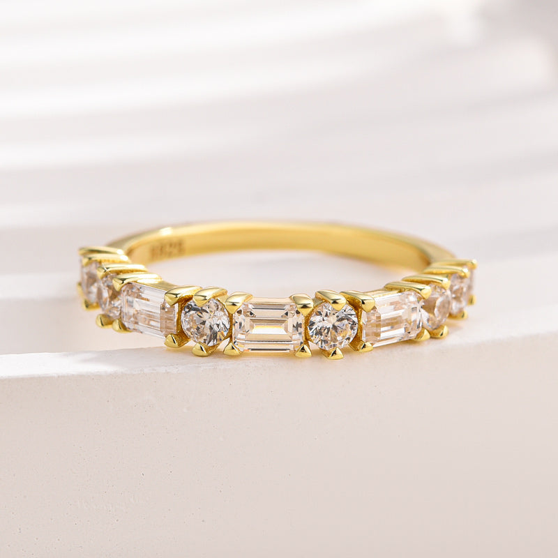 1.5Ct Emerald & Round Cut Band - 925 Silver Yellow Gold Plated