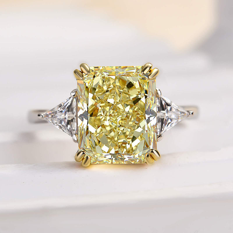 4.0Ct Radiant Cut Yellow Diamond Ring with Triangle Accents