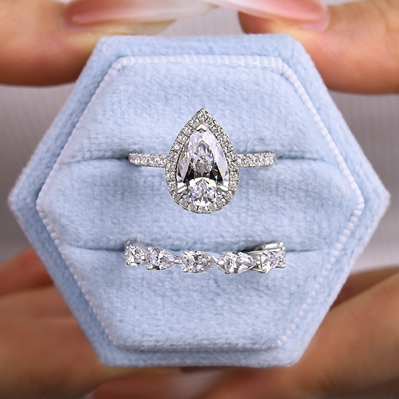 3.0ct Pear Cut White Sapphire Bridal Set - Sterling Silver & White Gold