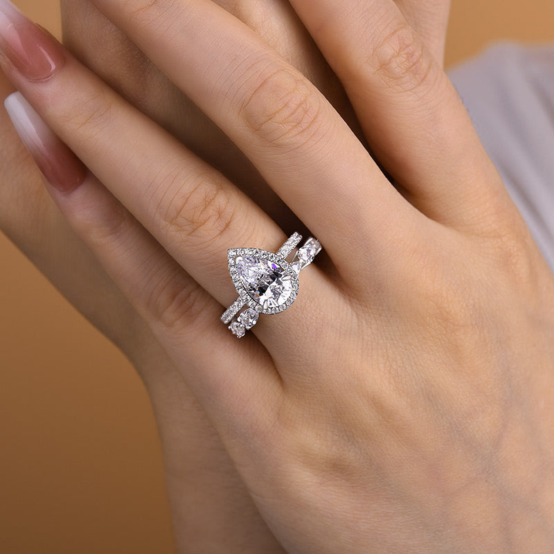 3.0ct Pear Cut White Sapphire Bridal Set - Sterling Silver & White Gold