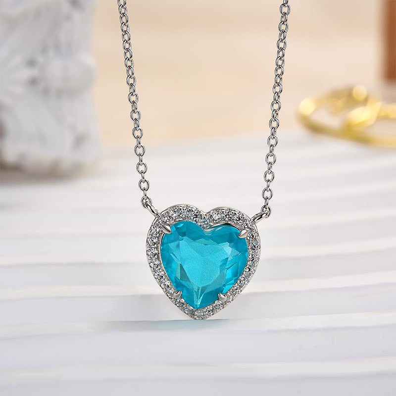 Heart Aquamarine Blue Simulated Diamond Necklace in White Gold