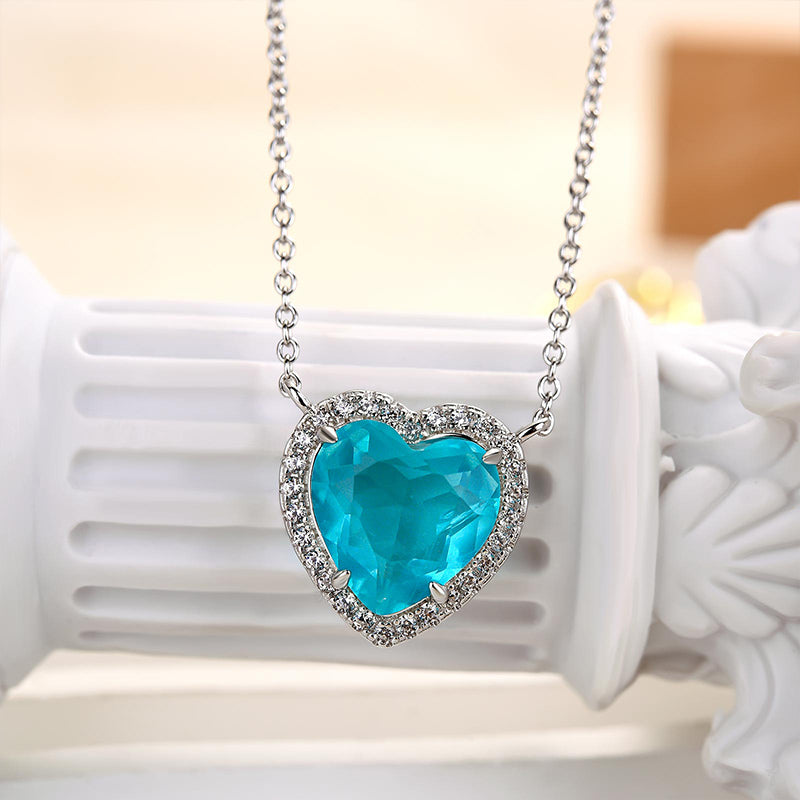 Heart Aquamarine Blue Simulated Diamond Necklace in White Gold