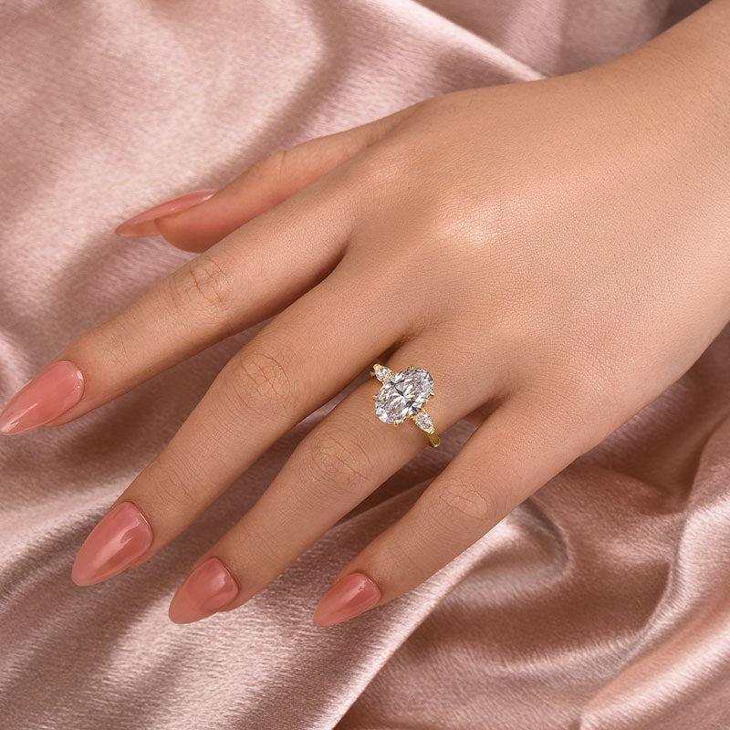 4.0CT Oval Moissanite Ring w/ Pear Side Stones – 925 Silver 18K Gold