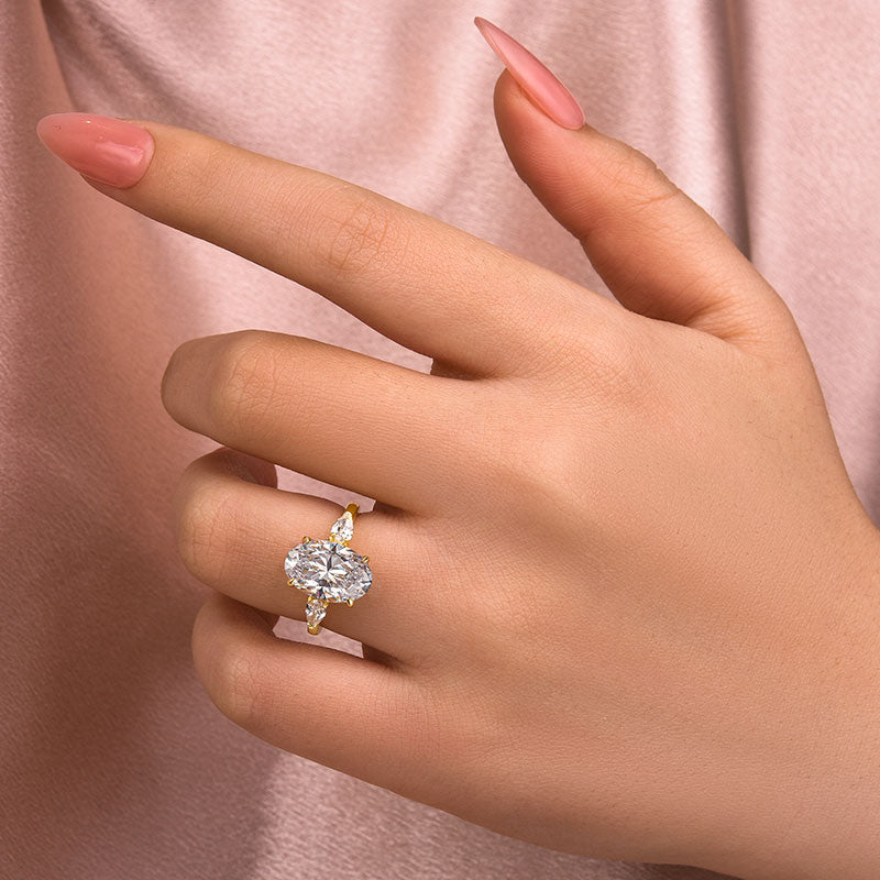4.0CT Oval Moissanite Ring w/ Pear Side Stones – 925 Silver 18K Gold