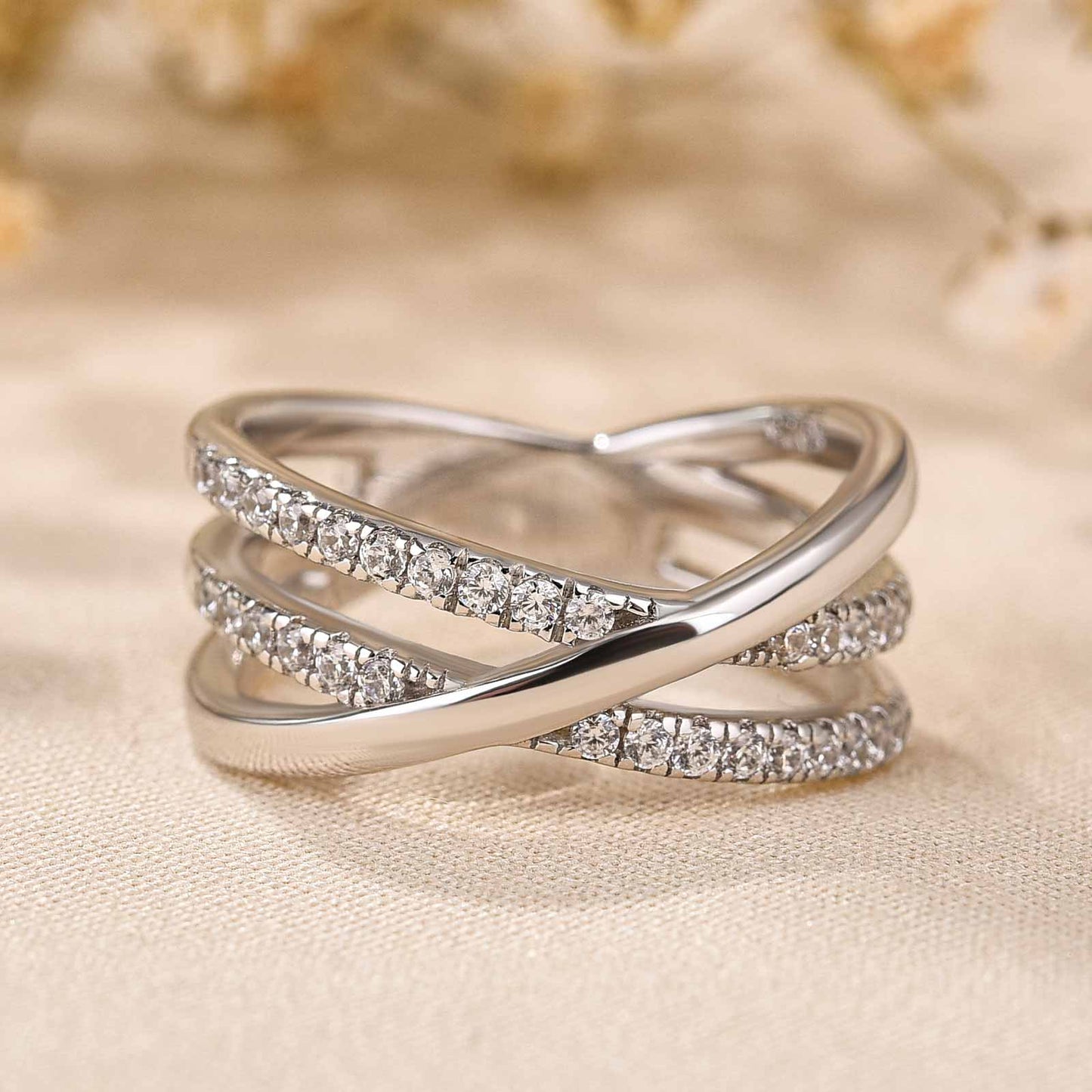 Elegant Rhodium-Plated Sterling Silver Band with Simulated Diamonds