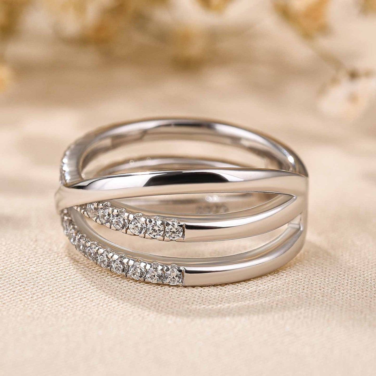 Elegant Rhodium-Plated Sterling Silver Band with Simulated Diamonds