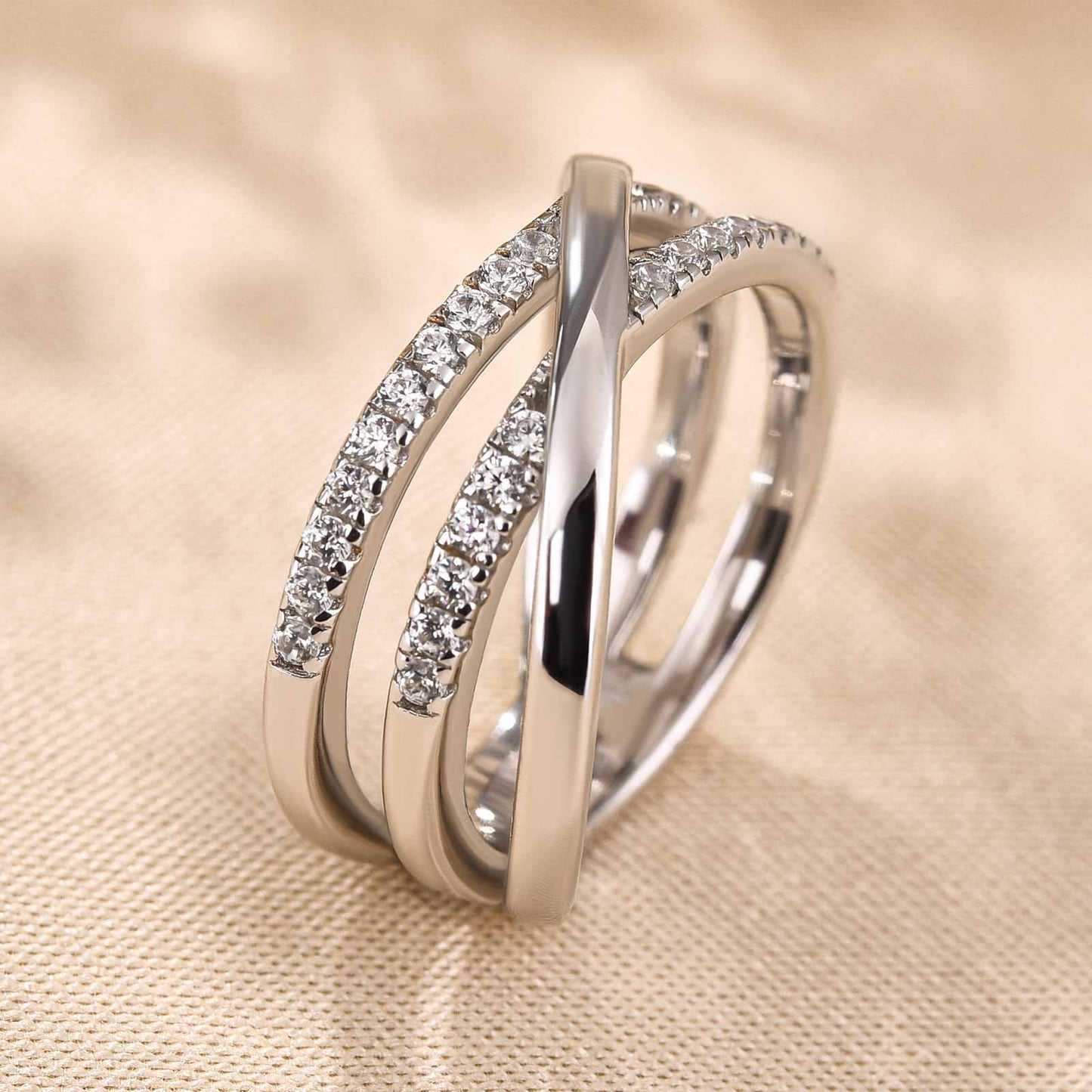 Elegant Rhodium-Plated Sterling Silver Band with Simulated Diamonds