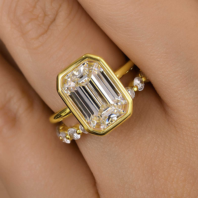 5.0ct Emerald Cut Diamond Ring Set - Bezel Setting