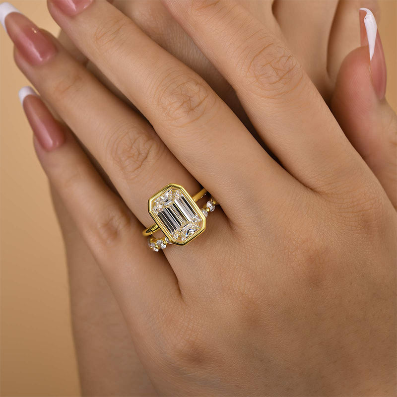 5.0ct Emerald Cut Diamond Ring Set - Bezel Setting