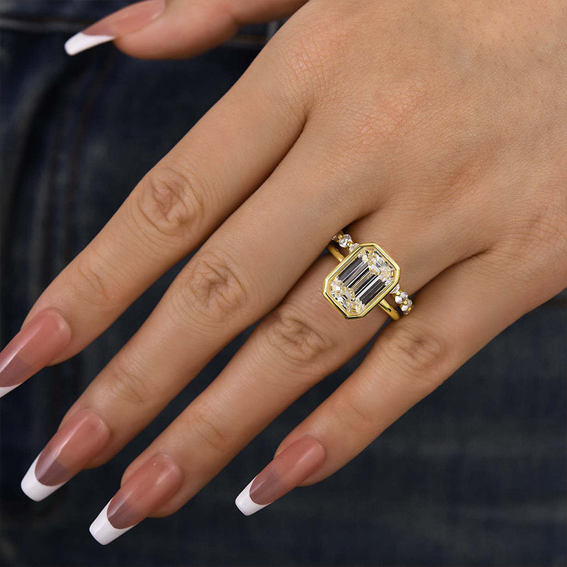 5.0ct Emerald Cut Diamond Ring Set - Bezel Setting