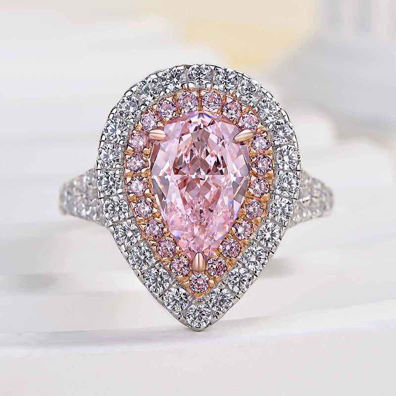 2Ct Pear Pink Sapphire Double Halo Ring 18K Rose & White Gold Plated
