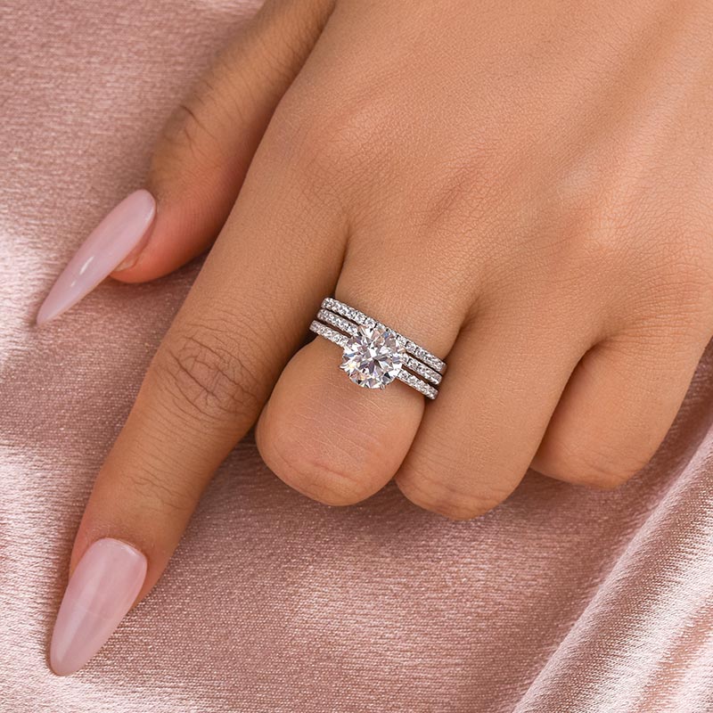 2.0Ct Moissanite Round Cut 3PC Wedding Ring Set - Rhodium Plated Sterling Silver