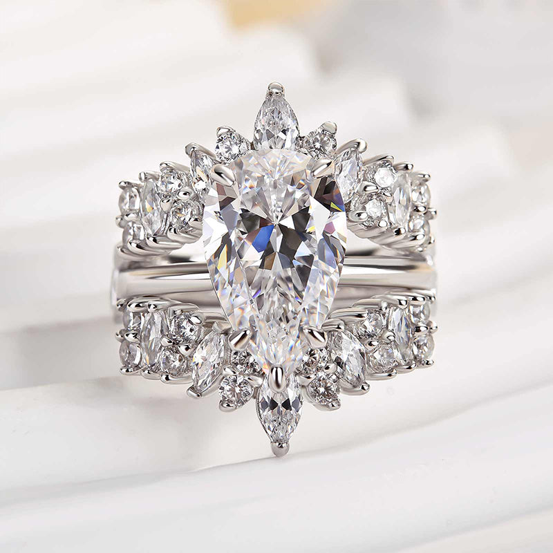 3.5Ct Pear Cut Diamond Ring with 3Ct Mixed Cut Band 925 Silver