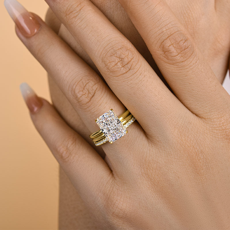 4.5Ct Radiant Cut Simulated Diamond Ring Set - 925 Silver Gold Plated
