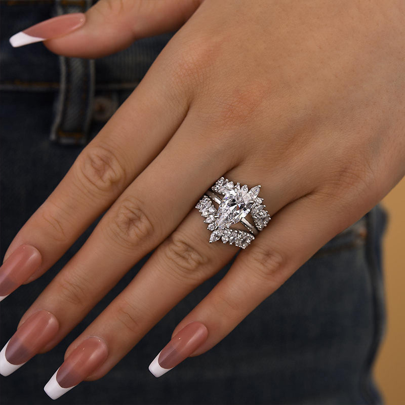3.5Ct Pear Cut Diamond Ring with 3Ct Mixed Cut Band 925 Silver