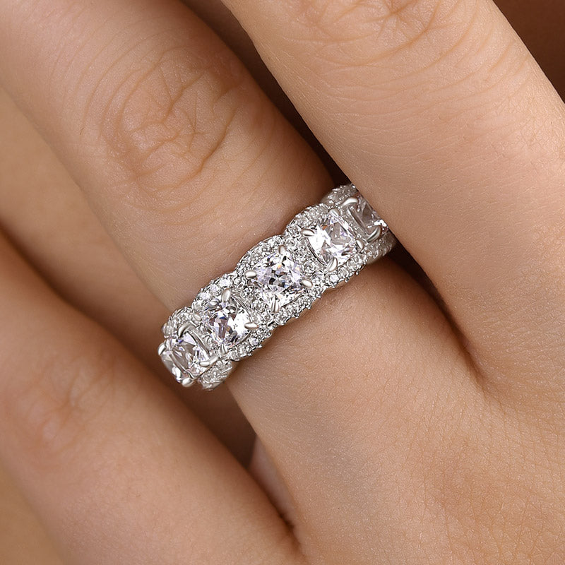 4.8Ct Cushion & Round Sona Diamond Band, White Gold Plated