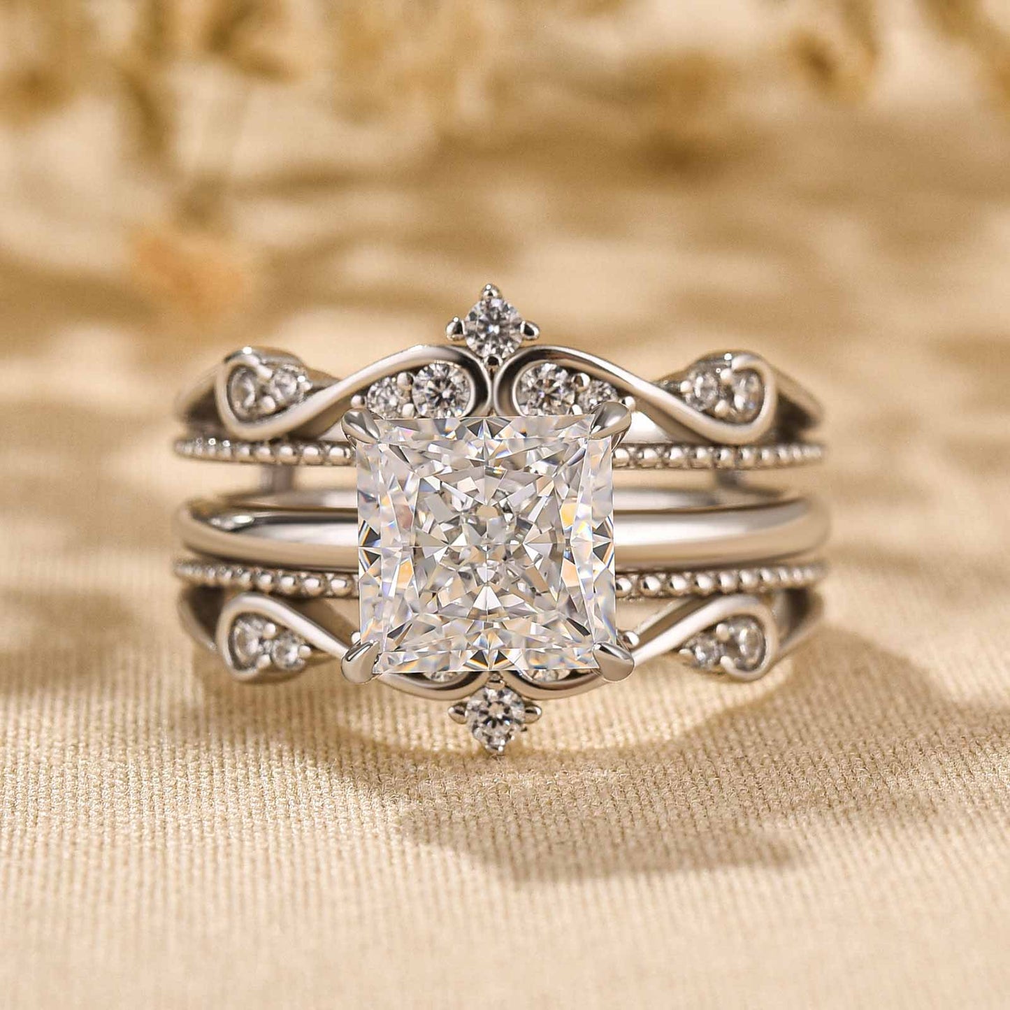 Noble Crown Princess Cut Wedding Set - 2.0Ct Square Diamond & 0.25Ct Accents