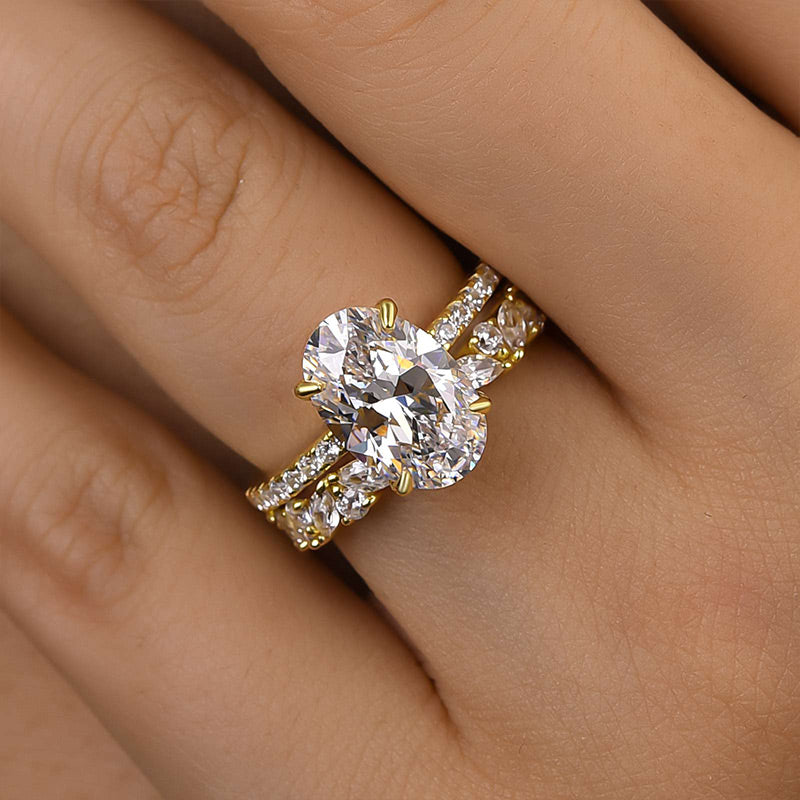 4.0Ct Oval & Marquise Diamond Ring - 925 Silver Yellow Gold Plated