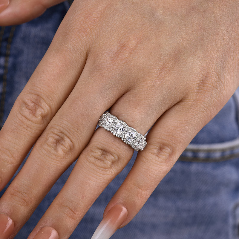 4.8Ct Cushion & Round Sona Diamond Band, White Gold Plated