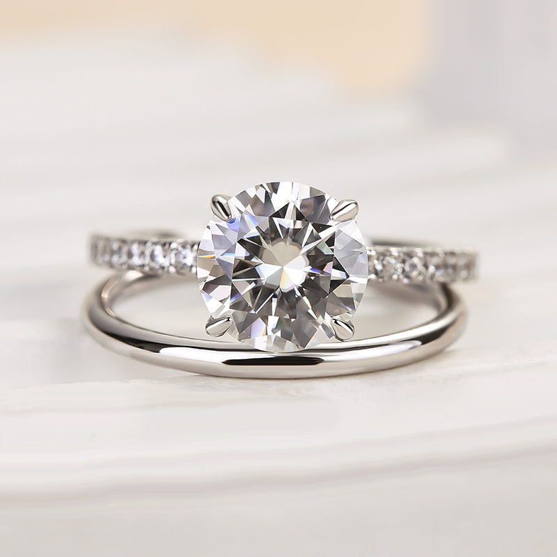 2.0Ct Round Cut Moissanite Wedding Set - 4 Prong w/Diamonds