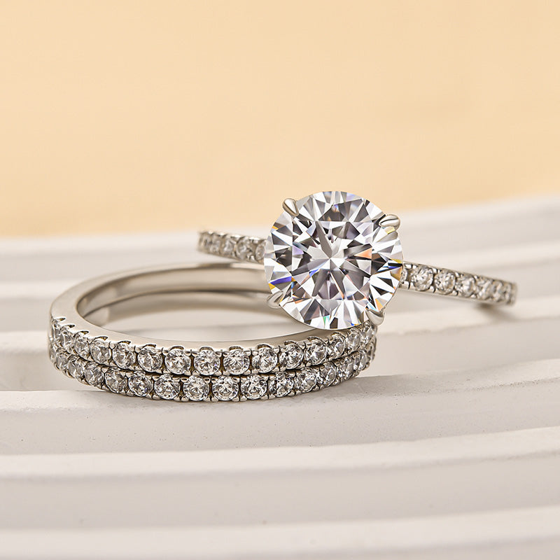 2.0Ct Moissanite Round Cut 3PC Wedding Ring Set - Rhodium Plated Sterling Silver