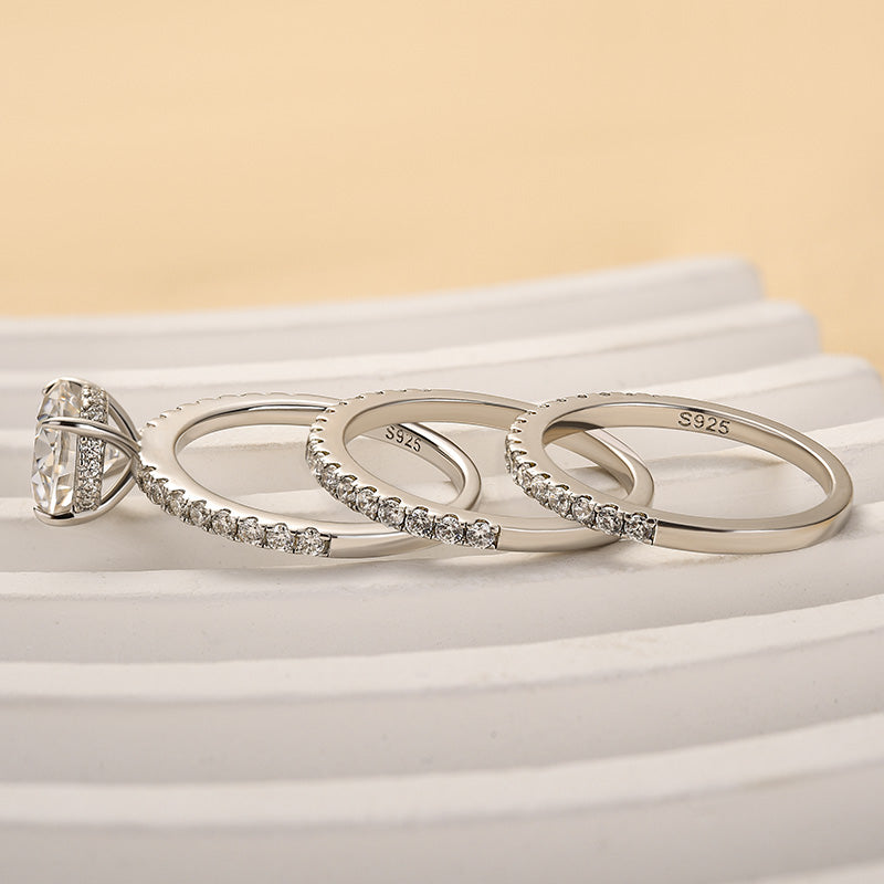 2.0Ct Moissanite Round Cut 3PC Wedding Ring Set - Rhodium Plated Sterling Silver