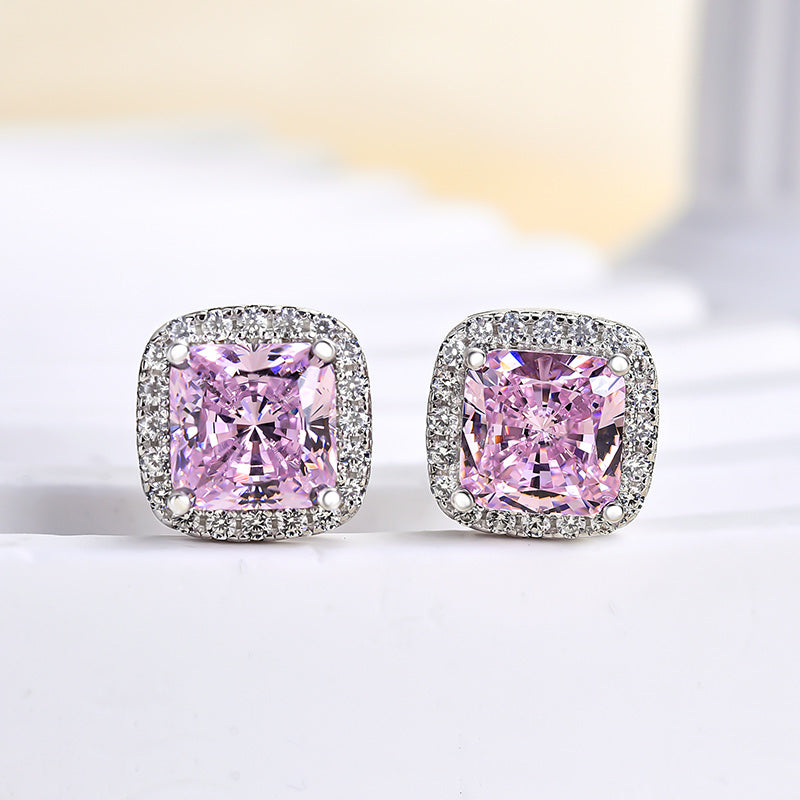 2.0 Carat Princess Cut Pink Sapphire Earrings with Simulated Diamonds