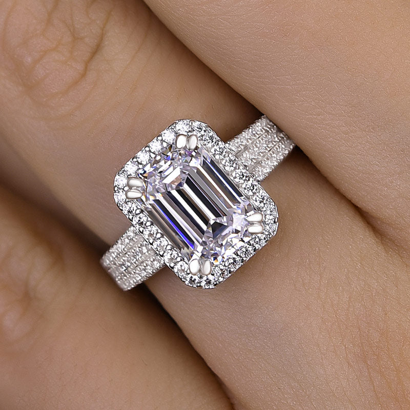3Ct Emerald Cut Sona Diamond Halo Ring 18K White Gold