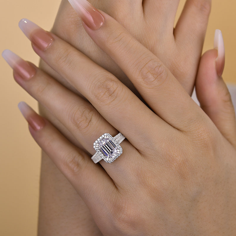 3Ct Emerald Cut Sona Diamond Halo Ring 18K White Gold