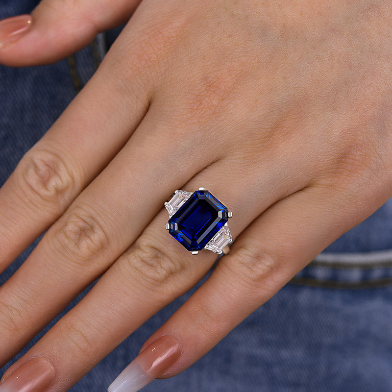 7.5Ct Blue Sapphire Emerald Cut Three Stone Ring