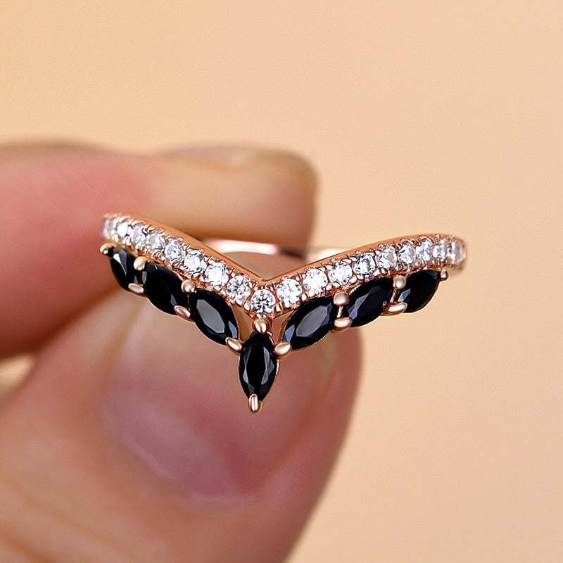 925 Silver 18K Rose Gold 0.5Ct Black Marquise Diamond Ring