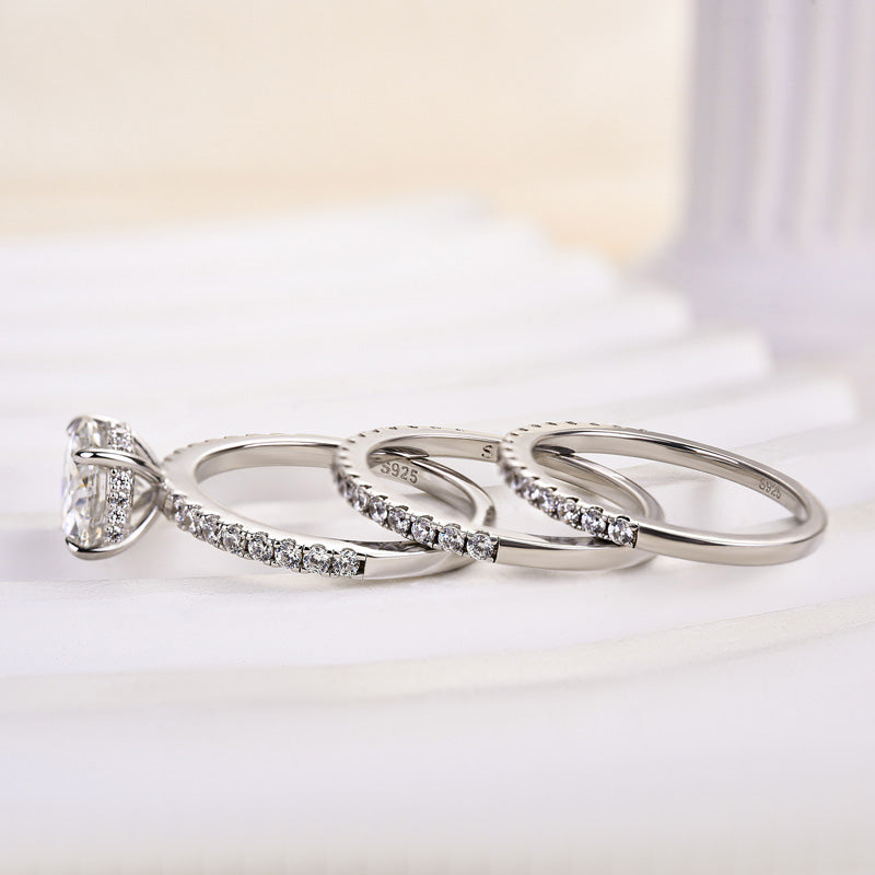 925 Silver White Gold Plated 2ct Diamond 3PC Wedding Set