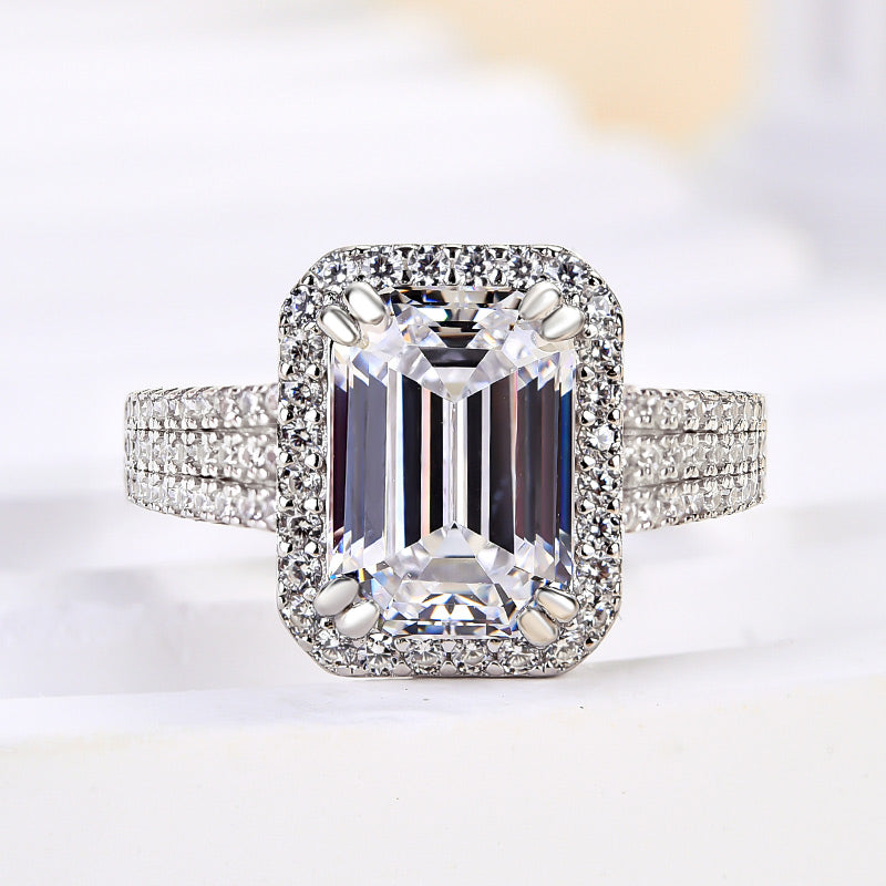3Ct Emerald Cut Sona Diamond Halo Ring 18K White Gold