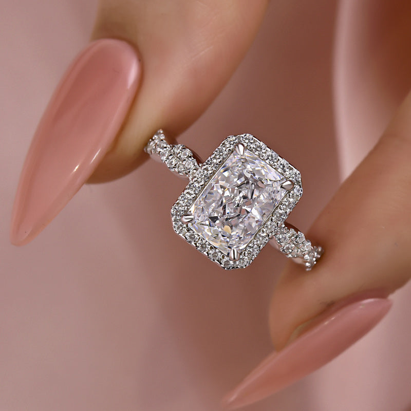 3.0ct Radiant Cut Twist Halo Ring in Sterling Silver