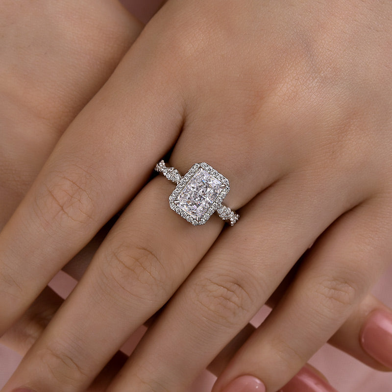 3.0ct Radiant Cut Twist Halo Ring in Sterling Silver