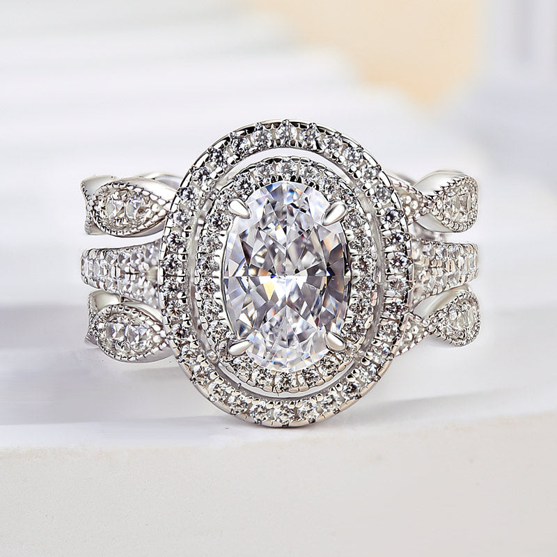 Elegant Oval Cut Double Halo Ring Set in Sterling Silver