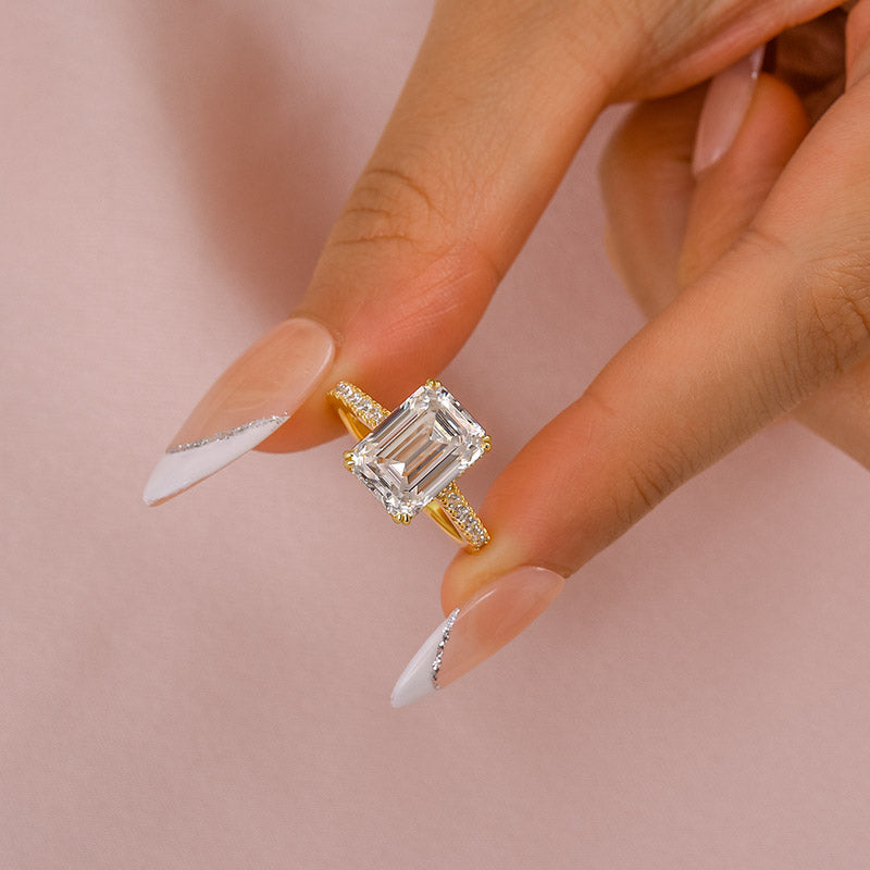 4.5Ct Emerald Cut Moissanite Ring - White Gold Plated 925 Silver
