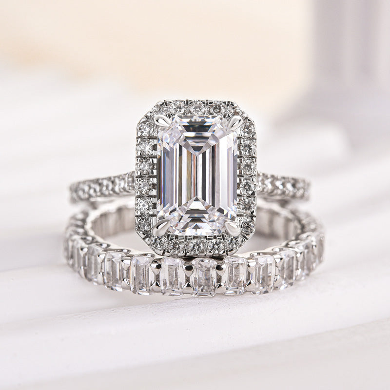 2.5ct Emerald Cut Diamond Ring Set - Platinum Plated