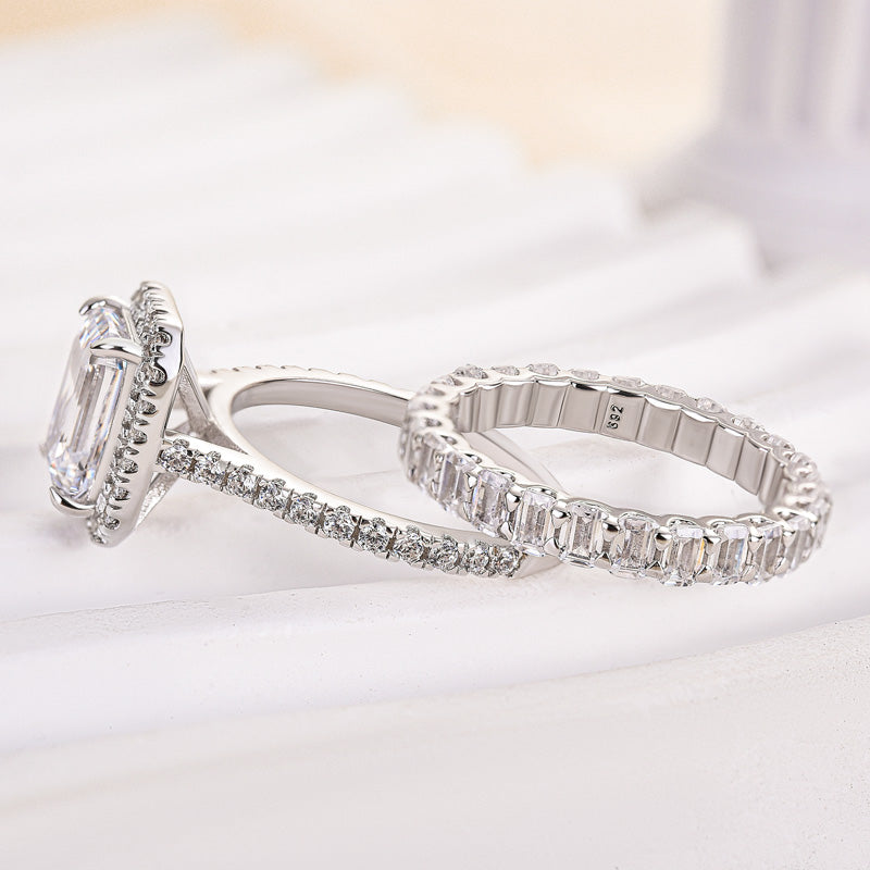2.5ct Emerald Cut Diamond Ring Set - Platinum Plated