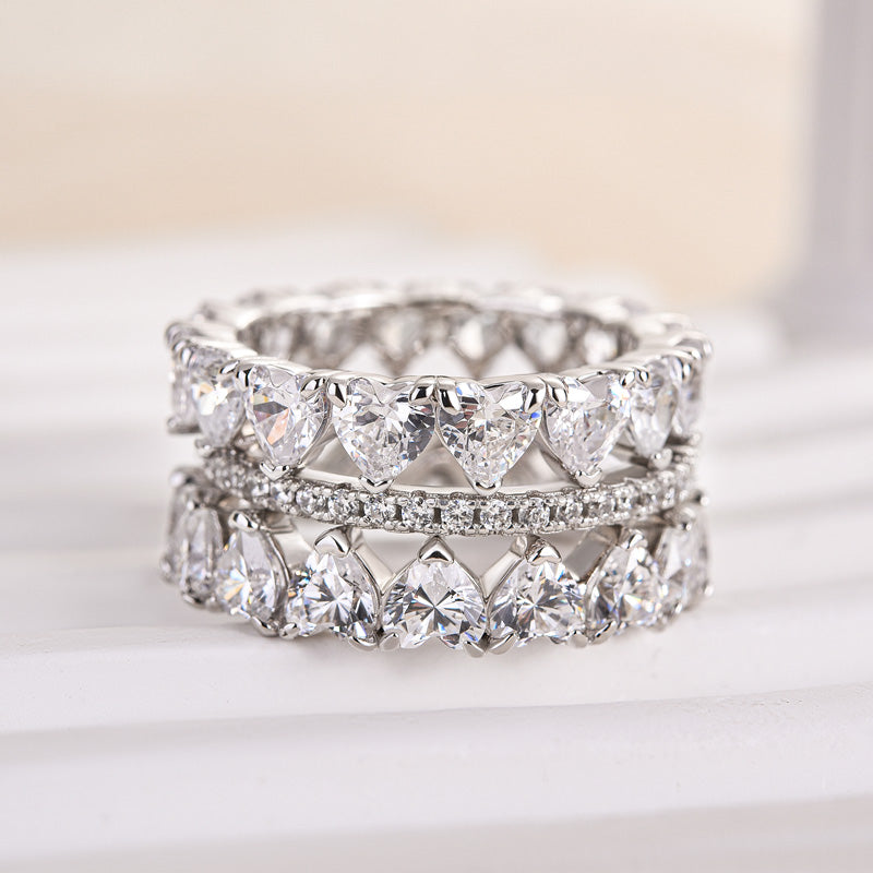 Timeless Love Wedding Band - 925 Silver, Heart & Round Cut Simulated Diamonds