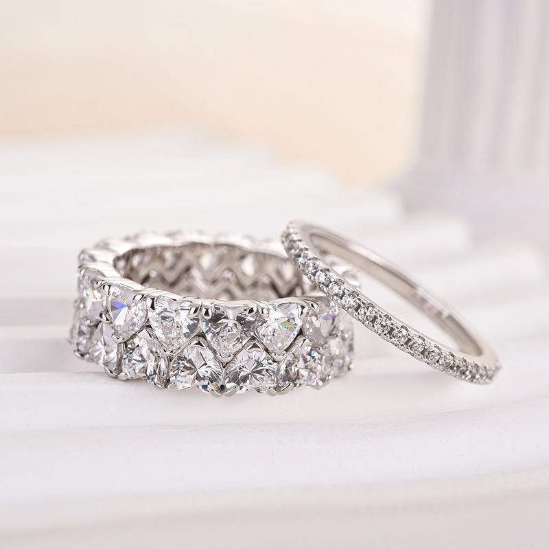 Timeless Love Wedding Band - 925 Silver, Heart & Round Cut Simulated Diamonds
