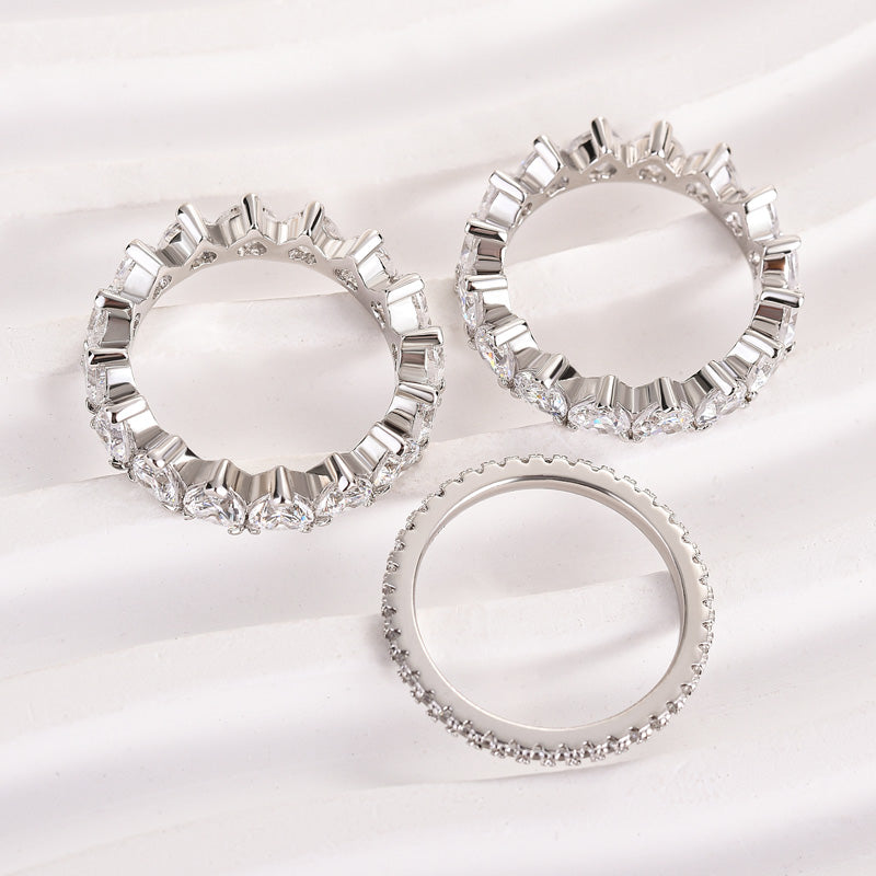 Timeless Love Wedding Band - 925 Silver, Heart & Round Cut Simulated Diamonds