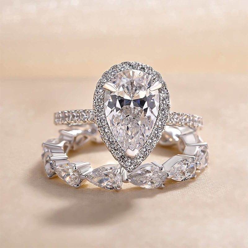 3.0ct Pear Cut White Sapphire Bridal Set - Sterling Silver & White Gold