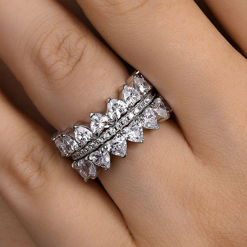 Timeless Love Wedding Band - 925 Silver, Heart & Round Cut Simulated Diamonds
