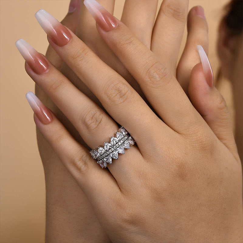 Timeless Love Wedding Band - 925 Silver, Heart & Round Cut Simulated Diamonds