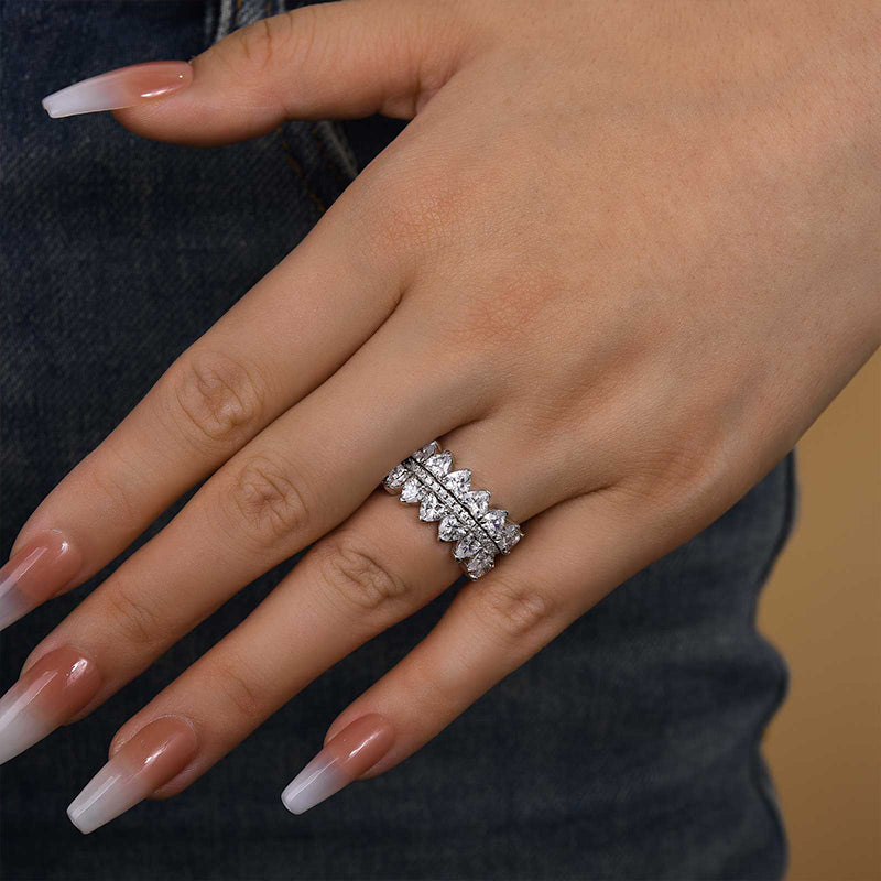 Timeless Love Wedding Band - 925 Silver, Heart & Round Cut Simulated Diamonds